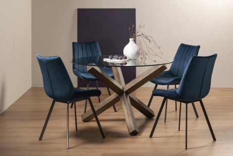 Turin - Dark Oak - Round Glass 4 Seater Dining Table & 4 Fontana Blue Velvet Chairs