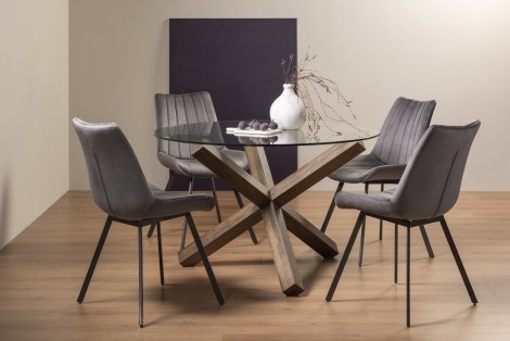 Turin - Dark Oak - Round Glass 4 Seater Dining Table & 4 Fontana Grey Velvet Chairs