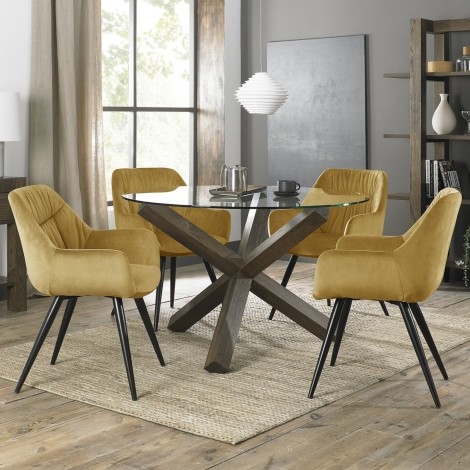 Turin - Dark Oak - Round Glass 4 Seater Dining Table & 4 Dali Mustard Velvet Chairs