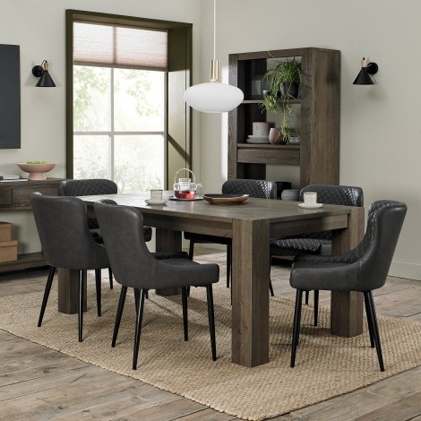 Logan - Fumed Oak - 6 Seater Rectangular Table & 6 Cezanne Dark Grey Faux Leather Chairs - Black Legs