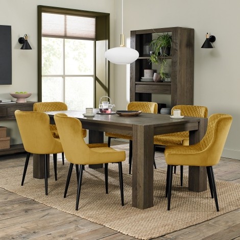 Logan - Fumed Oak - 6 Seater Rectangular Table & 6 Cezanne Mustard Velvet Chairs - Black Legs