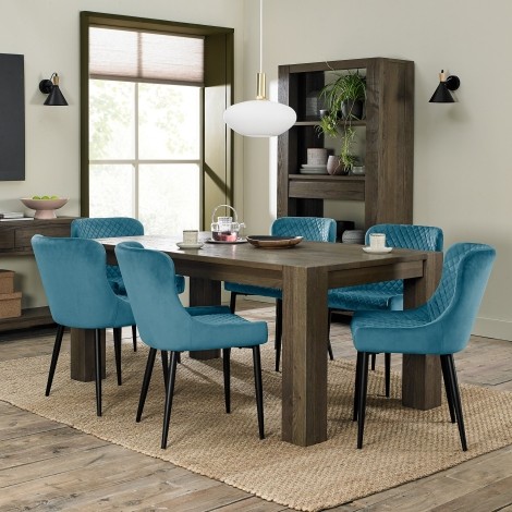 Logan - Fumed Oak - 6 Seater Rectangular Table & 6 Cezanne Petrol Blue Velvet Chairs - Black Legs