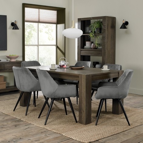 Logan - Fumed Oak - 6 Seater Rectangular Table & 6 Dali Grey Velvet Chairs - Black Legs