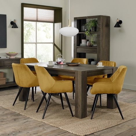 Logan - Fumed Oak - 6 Seater Rectangular Table & 6 Dali Mustard Velvet Chairs - Black Legs