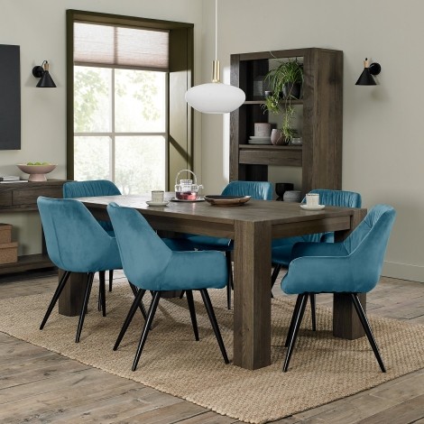 Logan - Fumed Oak - 6 Seater Rectangular Table & 6 Dali Petrol Blue Velvet Chairs - Black Legs