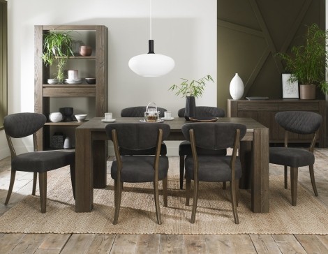 Logan - Fumed Oak - 6 Seater Rectangular Table & 6 Ellipse Upholstered Chairs in Dark Grey Fabric