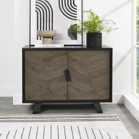 Emerson - Weathered Oak & Peppercorn - Narrow Sideboard - Black Powder Coated Metal Base