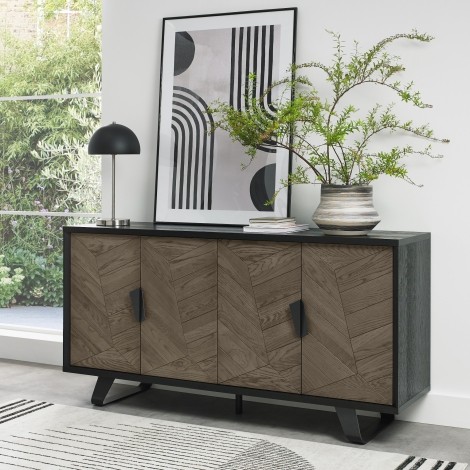 Emerson - Weathered Oak & Peppercorn - Wide Sideboard - Black Powder Coated Metal Base