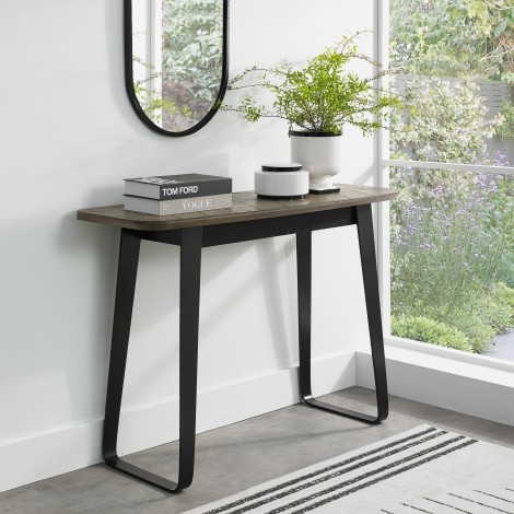 Emerson - Weathered Oak & Peppercorn - Console Table - Black Powder Coated Metal Base