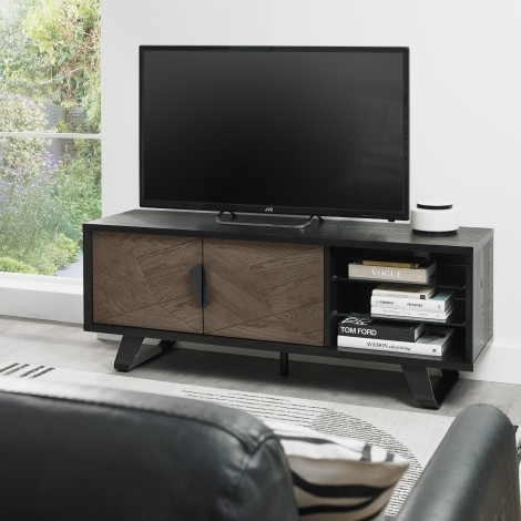 Emerson - Weathered Oak & Peppercorn - Entertainment Unit - Black Powder Coated Metal Base