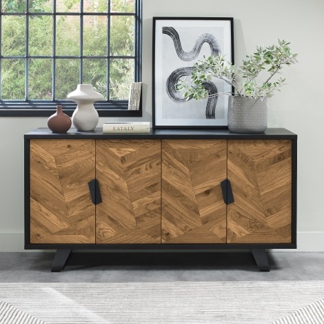 Emerson - Rustic Oak & Peppercorn - Wide Sideboard - Powder Coated Metal Base