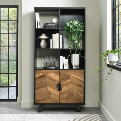 Emerson - Rustic Oak & Peppercorn - Display Cabinet - Powder Coated Metal Base