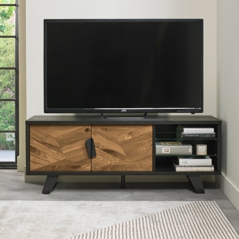 Emerson - Rustic Oak & Peppercorn - Entertainment Unit - Powder Coated Metal Base