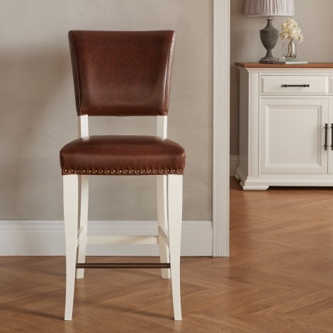 Belgrave - Ivory Painted - Bar Stool - Rustic Tan Faux Leather (Pair)