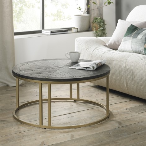 Chevron - Peppercorn - Ash - Round - Coffee Table - Satin Brass Metal Base