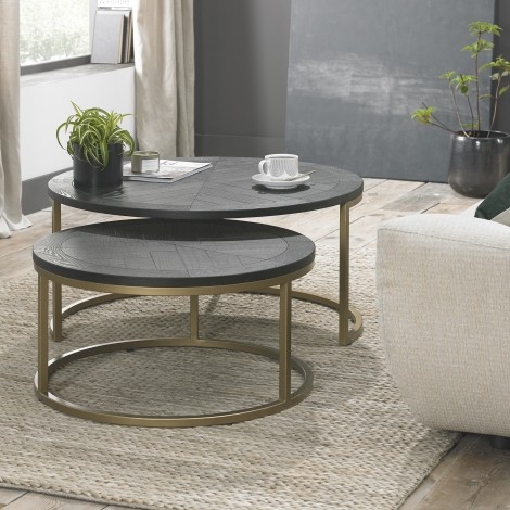 Chevron - Peppercorn - Ash - Round - Coffee Nest Of Tables - Satin Brass Metal Base