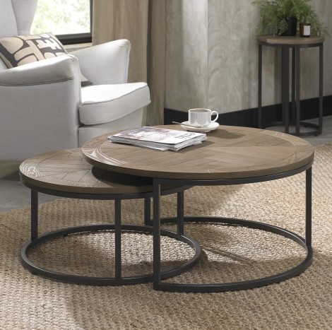 Chevron - Weathered - Ash - Round - Coffee Nest Of Tables - Powder Coated Metal Base