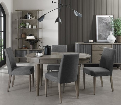 Monroe - Silver Grey - 4-6 Seater Oval Extending Dining Table & 4 Upholstered Chairs in Slate Grey Fabric - Turned Tapering Legs 