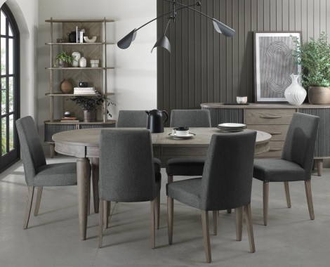 Monroe - Silver Grey - 6-8 Seater Oval Extending Dining Table & 6 Upholstered Chairs in Slate Grey Fabric - Turned Tapering Legs 