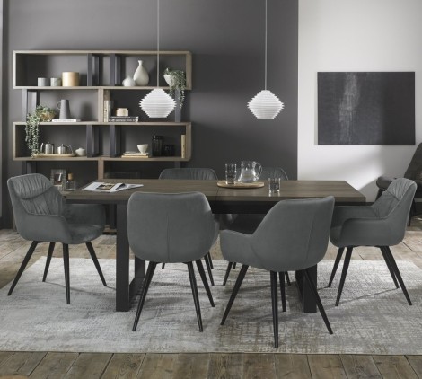 Tivoli - Weathered Oak - 6 to 8 Rectangular Extending Dining Table & 6 Dali Grey Velvet Chairs - Black Legs