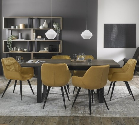 Tivoli - Weathered Oak - 6 to 8 Rectangular Extending Dining Table & 6 Dali Mustard Velvet Chairs - Black Legs