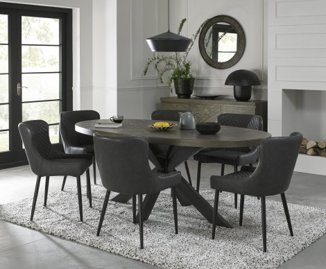 Ellipse - Fumed Oak - 6 Seater Table & 6 Cezanne Dark Grey Faux Leather Chairs - Black Legs - Powder Coated Metal Frame