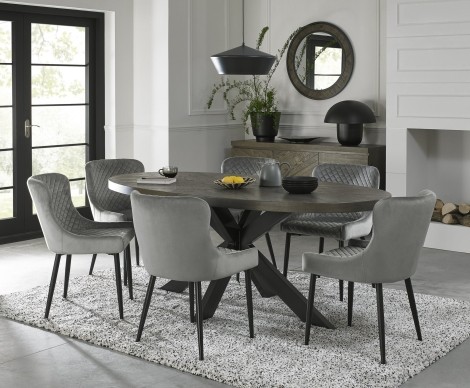 Ellipse - Fumed Oak - 6 Seater Table & 6 Cezanne Grey Velvet Chairs - Black Legs - Powder Coated Metal Frame