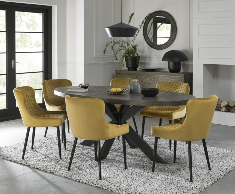 Ellipse - Fumed Oak - 6 Seater Table & 6 Cezanne Mustard Velvet Chairs - Black Legs - Powder Coated Metal Frame