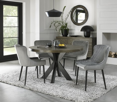 Ellipse - Fumed Oak - 4 Seater Table & 4 Cezanne Grey Velvet Chairs - Black Legs - Powder Coated Metal Frame