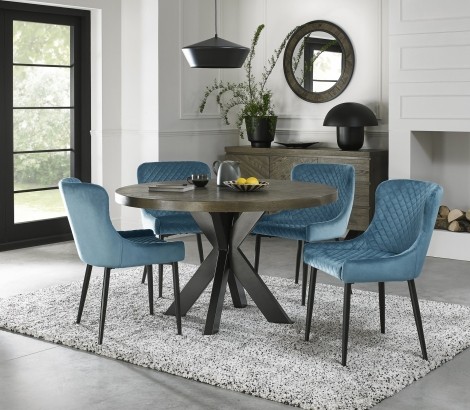 Ellipse - Fumed Oak - 4 Seater Table & 4 Cezanne Petrol Blue Velvet Chairs - Black Legs - Powder Coated Metal Frame