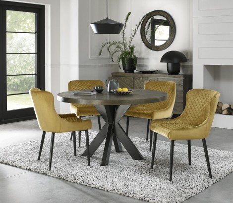 Ellipse - Fumed Oak - 4 Seater Table & 4 Cezanne Mustard Velvet Chairs - Black Legs - Powder Coated Metal Frame