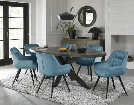 Ellipse - Fumed Oak - 6 Seater Table & 6 Dali Petrol Blue Velvet Chairs - Black Legs - Powder Coated Metal Frame