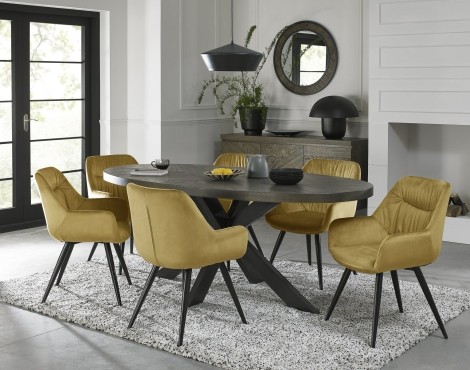 Ellipse - Fumed Oak - 6 Seater Table & 6 Dali Mustard Velvet Chairs - Black Legs - Powder Coated Metal Frame