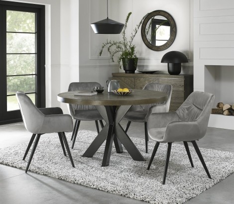 Ellipse - Fumed Oak - 4 Seater Table & 4 Dali Grey Velvet Chairs - Black Legs - Powder Coated Metal Frame