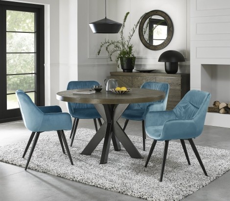 Ellipse - Fumed Oak - 4 Seater Table & 4 Dali Petrol Blue Velvet Chairs - Black Legs - Powder Coated Metal Frame