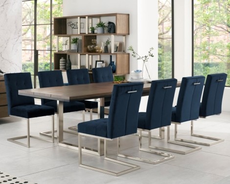 Tivoli - Dark Oak - 6 to 8 Seater Rectangular Dining Table & 8 Cantilever Chairs in Dark Blue Velvet - Satin Nickel Metal Frames