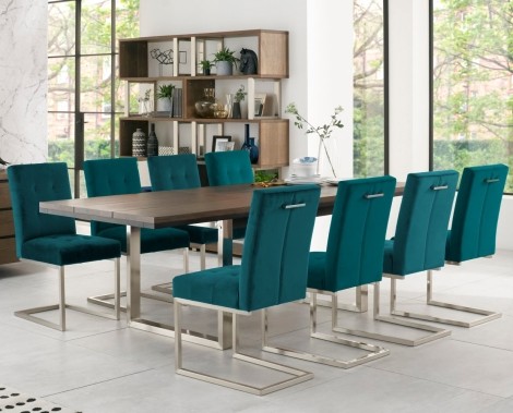 Tivoli - Dark Oak - 6 to 8 Seater Rectangular Dining Table & 8 Cantilever Chairs in Sea Green Velvet - Satin Nickel Metal Frames