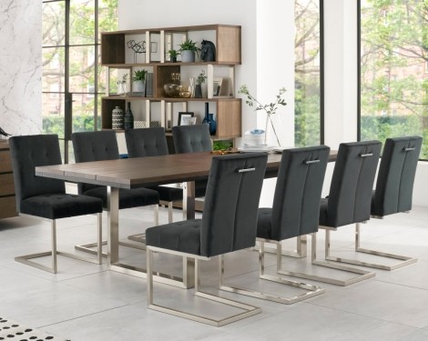 Tivoli - Dark Oak - 6 to 8 Seater Rectangular Dining Table & 8 Cantilever Chairs in Gun Metal Velvet - Satin Nickel Metal Frames