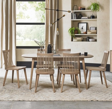 Dansk - Scandi Oak - 6 to 8 Seater Rectangle Extending Dining Table & 6 Ilva Spindle Chairs in Scandi Oak - Turned Solid Beech Legs