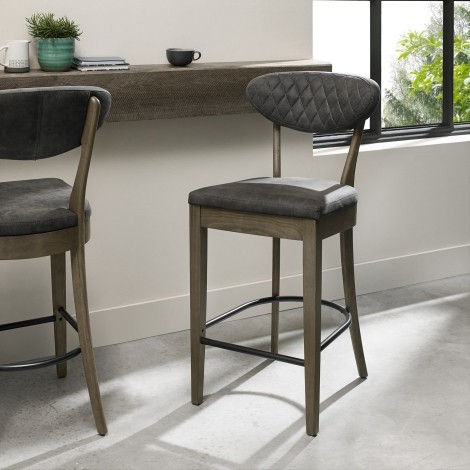 Pair Of - Ellipse - Dark Grey Fabric - Fumed Oak - Rustic - Bar Chairs