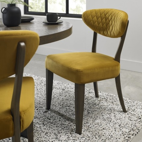 Pair Of - Ellipse - Mustard Yellow - Velvet - Fumed Oak - Rustic - Dining Chairs