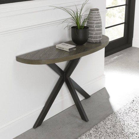 Ellipse - Fumed Oak - Rustic - Console Table - Powder Coated Metal Base