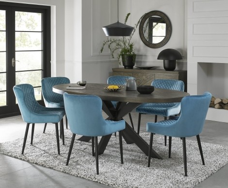 Ellipse - Fumed Oak - 6 Seater Table & 6 Cezanne Petrol Blue Velvet Chairs - Black Legs - Powder Coated Metal Frame