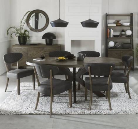 Ellipse - Fumed Oak - 6 Seater Table & 6 Ellipse Upholstered Chairs in Dark Grey Fabric - Black Legs - Powder Coated Metal Frame