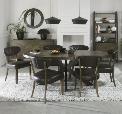 Ellipse - Fumed Oak - 6 Seater Table & 6 Ellipse Upholstered Chairs in Old West Vintage - Black Legs - Powder Coated Metal Frame