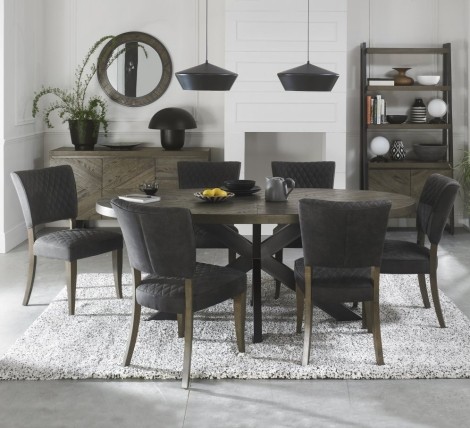 Ellipse - Fumed Oak - 6 Seater Table & 6 Logan Upholstered Chairs in Dark Grey Fabric - Black Legs - Powder Coated Metal Frame