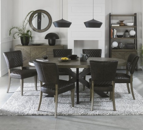 Ellipse - Fumed Oak - 6 Seater Table & 6 Logan Upholstered Chairs in Old West Vintage - Black Legs - Powder Coated Metal Frame