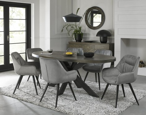 Ellipse - Fumed Oak - 6 Seater Table & 6 Dali Grey Velvet Chairs - Black Legs - Powder Coated Metal Frame