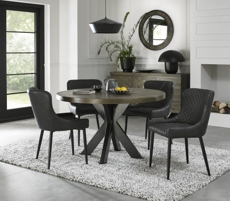 Ellipse - Fumed Oak - 4 Seater Table & 4 Cezanne Dark Grey Faux Leather Chairs - Black Legs - Powder Coated Metal Frame