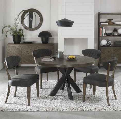 Ellipse - Fumed Oak - 4 Seater Table & 4 Ellipse Upholstered Chairs in Dark Grey Fabric - Powder Coated Metal Frame